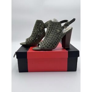 G by Guess Olive Green Faux Suede Bootie Block Heel Open Toe Meshed Strap 6M